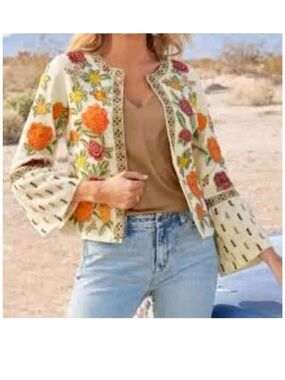 Boston Proper Cardigan. Embroidered Floral Cream Jacket - XS
